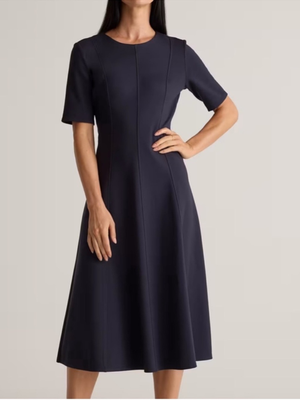 Quince Dress Ultra Stretch Ponte Short Sleeve Midi Dress work office casual navy